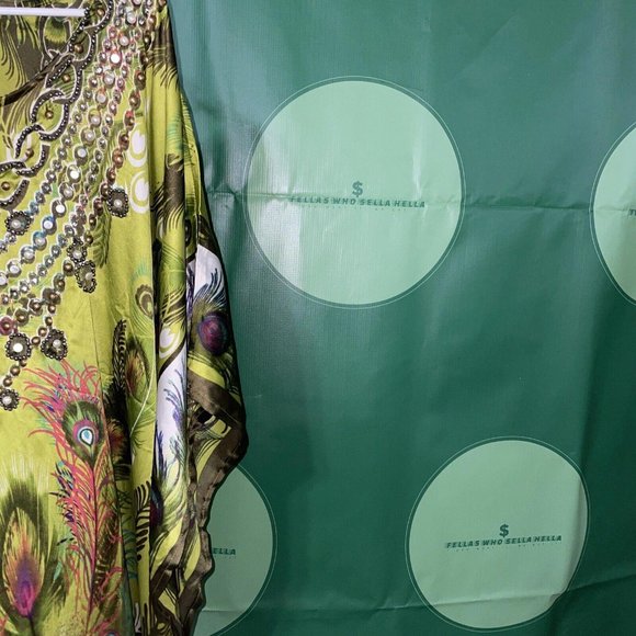 GOLD COAST Mumu House Dress OS One Size Beach Cover-Up Beaded PEACOCK print -NWT - Picture 4 of 12